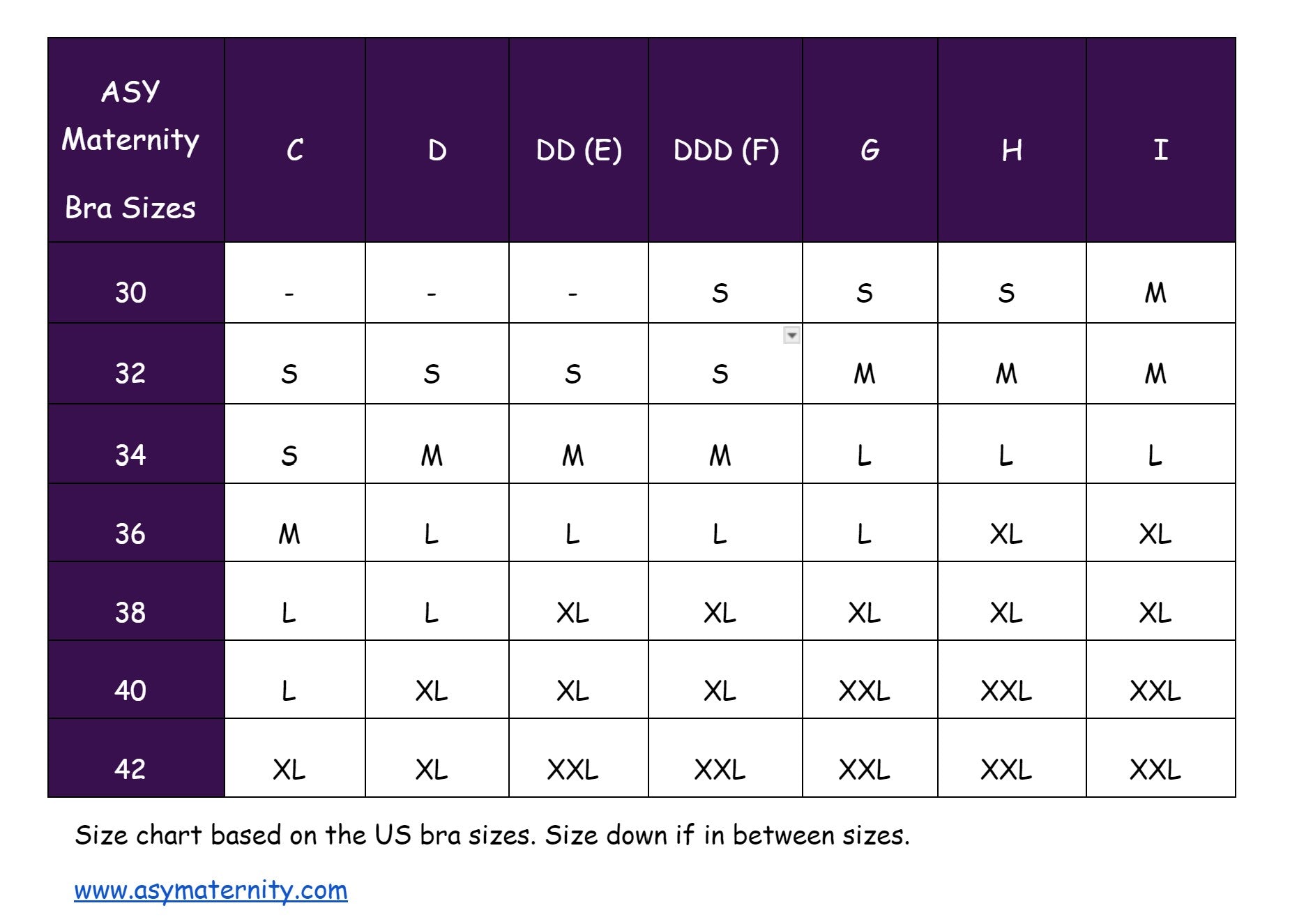 ASY Maternity US Bra Size Chart 